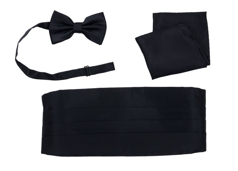 Salutto Tuxedos Girdle Cummerbund Bow Tie Pocket Square Handkerchief Set Formal Solid Color Black - Image 1